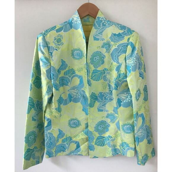 Flores & Flores Jackets & Blazers - Flores Flores Blue Green Asian Chinese Style Floral Open Jacket Blazer 10 40"